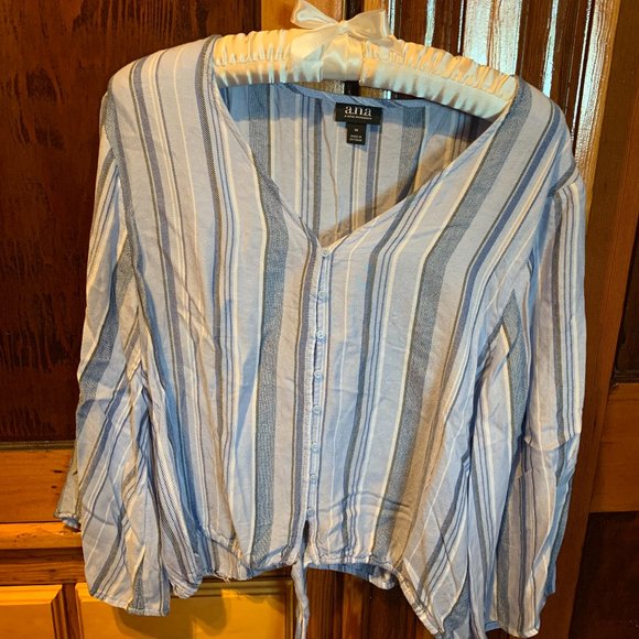 a.n.a Blue, White & Black Striped Crop Top Tie Front Blouse Size Medium - Picture 1 of 7